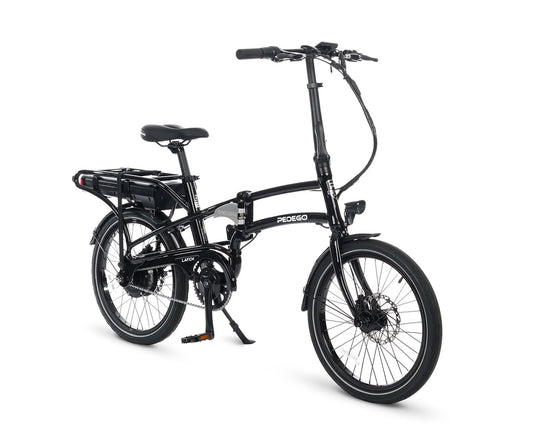 A black folding electric bicycle with a step-through frame and black rims, equipped with a rear motor.