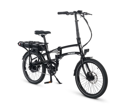 A black folding electric bicycle with a step-through frame and black rims, equipped with a rear motor.